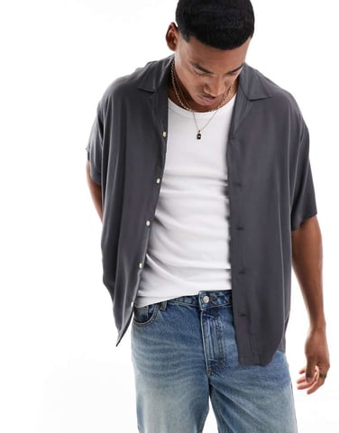 ADPT oversized revere collar shirt in grey