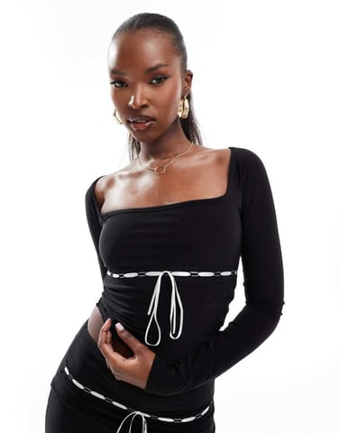 Kaiia exclusive square neck contrast bow detail long sleeve top co-ord in black