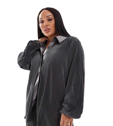 ONLY Curve long sleeve loose plisse shirt co-ord in grey