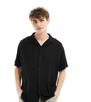 Reclaimed Vintage short sleeve boxy revere shirt in black viscose