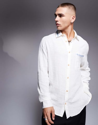 ASOS DESIGN relaxed textured shirt with cross stitch embroidery in white