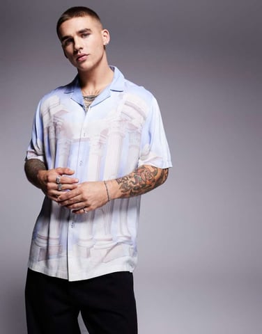 ASOS DESIGN relaxed revere shirt with placement print in blue and white