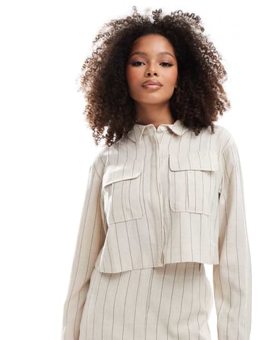 ASOS DESIGN pinstripe linen look pocket detail shirt co-ord in cream