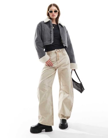 ASOS DESIGN cord bonded jacket with shearling collar in grey