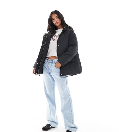 ASOS DESIGN Petite oversized puffer jacket with hood in black