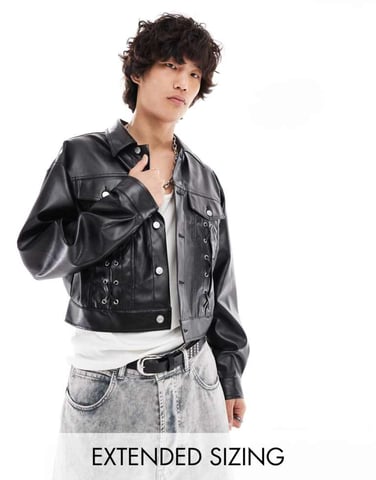 ASOS DESIGN oversized cropped leather look jacket with lace up details in black