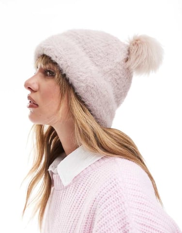 ASOS DESIGN double faux fur pom beanie in mink