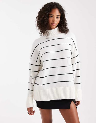 ASOS DESIGN knitted high neck jumper with turn back cuffs in mono stripe