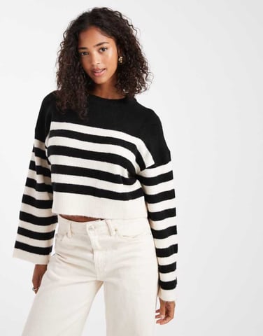 ASOS DESIGN crew neck boxy jumper with wide cuff in mono stripe