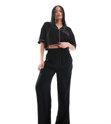 ASOS DESIGN Tall super soft slinky wide leg pyjama trouser in black with contrast binding