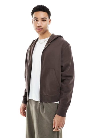 ASOS DESIGN essentials boxy avslappnad dragkedja hoodie i brunt