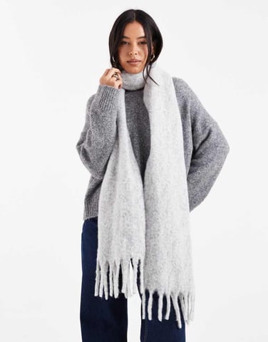 ASOS DESIGN fluffy tassel scarf in light grey marl