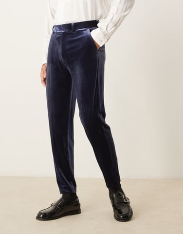 ASOS DESIGN smart tapered fit velvet trousers in navy