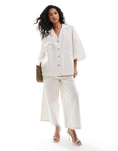AWARE cropped wide leg trouser co-ord in off white pinstripe