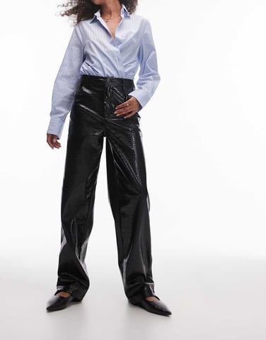 Topshop high rise straight leg faux leather trouser in black croc