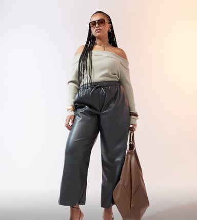 ASOS DESIGN Curve faux leather wide leg pull on trousers in charcoal