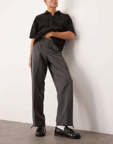 ASOS DESIGN smart wide leg cargo trousers with toggle hem in grey