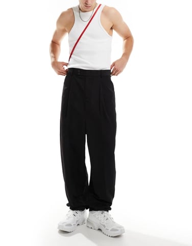 ASOS DESIGN smart relaxed barrel leg trousers in black with half elasticated waist