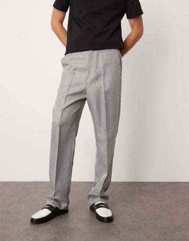 ASOS DESIGN smart high waist straight leg trousers in light grey herringbone
