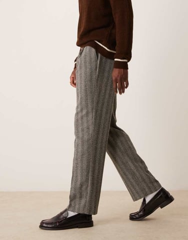 ASOS DESIGN smart straight leg textured trousers with front pleat in grey