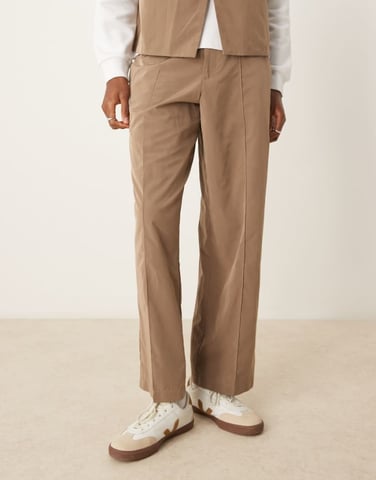 ASOS DESIGN wide leg smart co-ord trousers in brown tech fabric with elasticated waist
