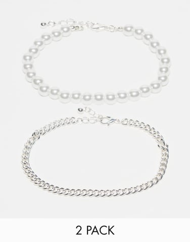Jack & Jones 2 pack silver plated chain and pearl bracelet