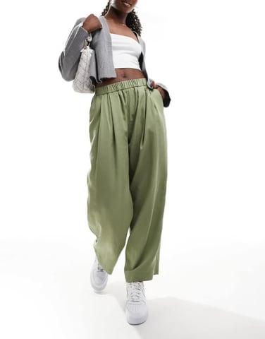 ASOS DESIGN premium casual pull on trousers with pleat detail in washed khaki