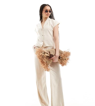 JDY Tall loose fit linen mix trouser co-ord in beige