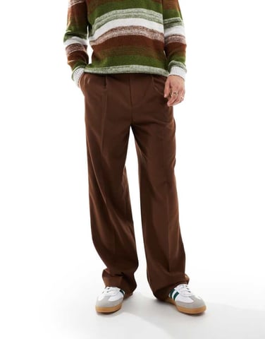 ASOS DESIGN smart wide leg trousers with front pleat in brown