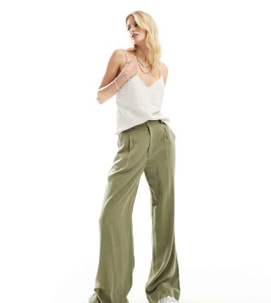 ASOS DESIGN Tall relaxed straight leg trousers with linen in olive