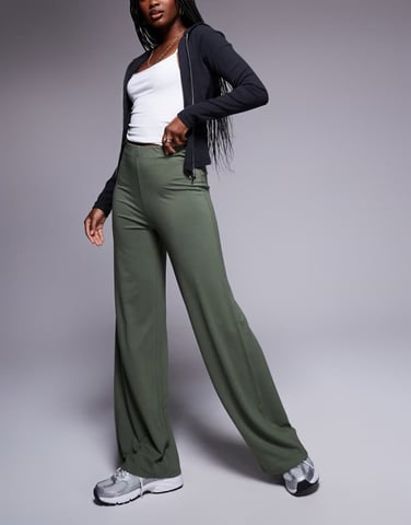 ASOS DESIGN basic wide leg jersey trouser in khaki