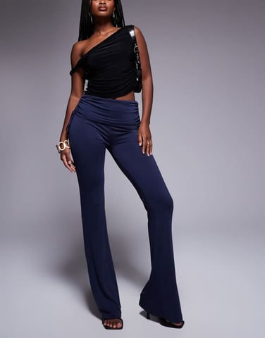ASOS DESIGN soft handle fold over waist kick flare trousers with ruched detail in ink