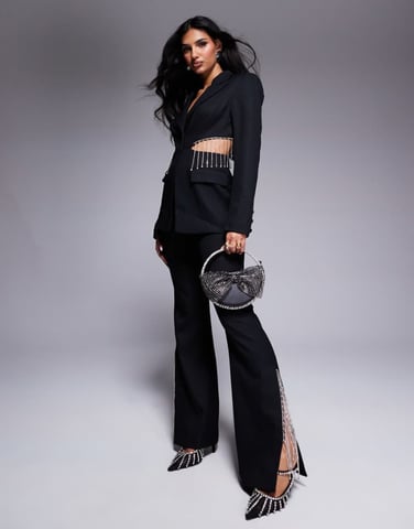 ASOS LUXE co-ord flared trouser with diamante fringing in black