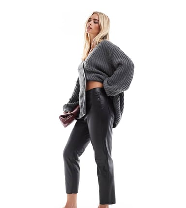 Vero Moda Petite leather look cigarette trouser in black