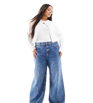 ASOS DESIGN Curve wide leg dad jeans in dark mid blue