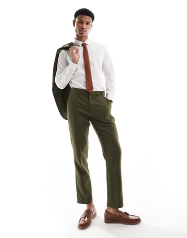 ASOS DESIGN slim fit wool mix suit trousers in khaki twill