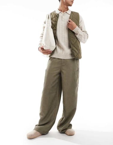 ASOS DESIGN loose cord cargos in green wash