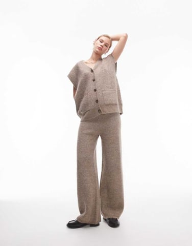 Topshop knitted square knit trouser co-ord in oat