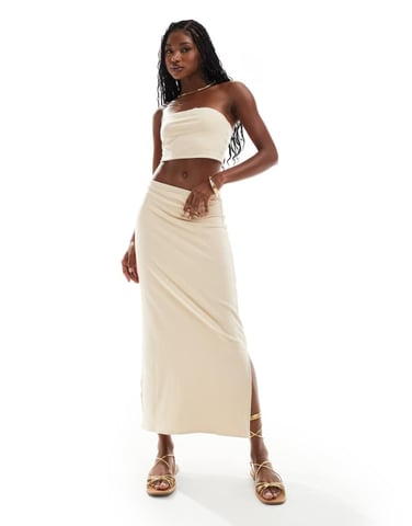 ASOS DESIGN co-ord set reversible slinky bandeau top and column maxi skirt in white and stone