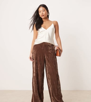 ASOS DESIGN Petite crinkle velvet pull on trousers in chocolate
