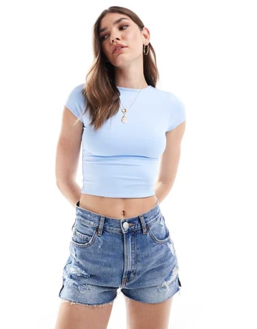 ASOS DESIGN double layer second skin short sleeve crop top in blue