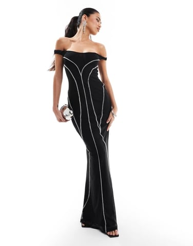 ASOS DESIGN bardot maxi dress with contrast exposed seams in black