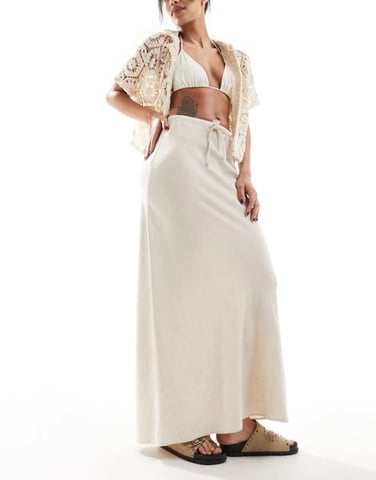 ASOS DESIGN linen look tie waist bias maxi skirt in natural