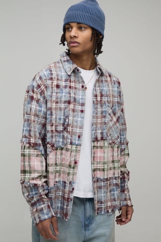 Oversized Boxy Distressed Spliced Check Shirt