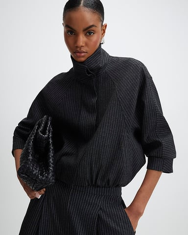 River Island Womens Bomber Jacket Grey Pinstripe Funnel Neck