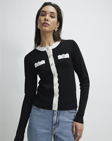 River Island Womens Cardigan Black Fitted Tipped Neat