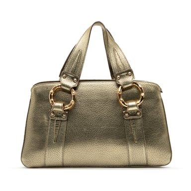 Begagnad metallic kalvskinns metall bambu handväska