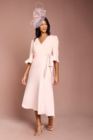 Petite Ruffle Sleeve Satin Back Crepe Wrap Dress