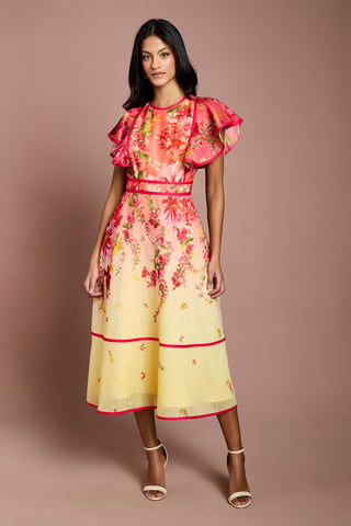 Petite Placement Print Frill Sleeve Midi Dress