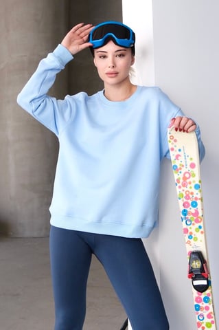 Crew Neck Basic Pattern Blue Women's Sweatshirt Tracksuit Top - Aura